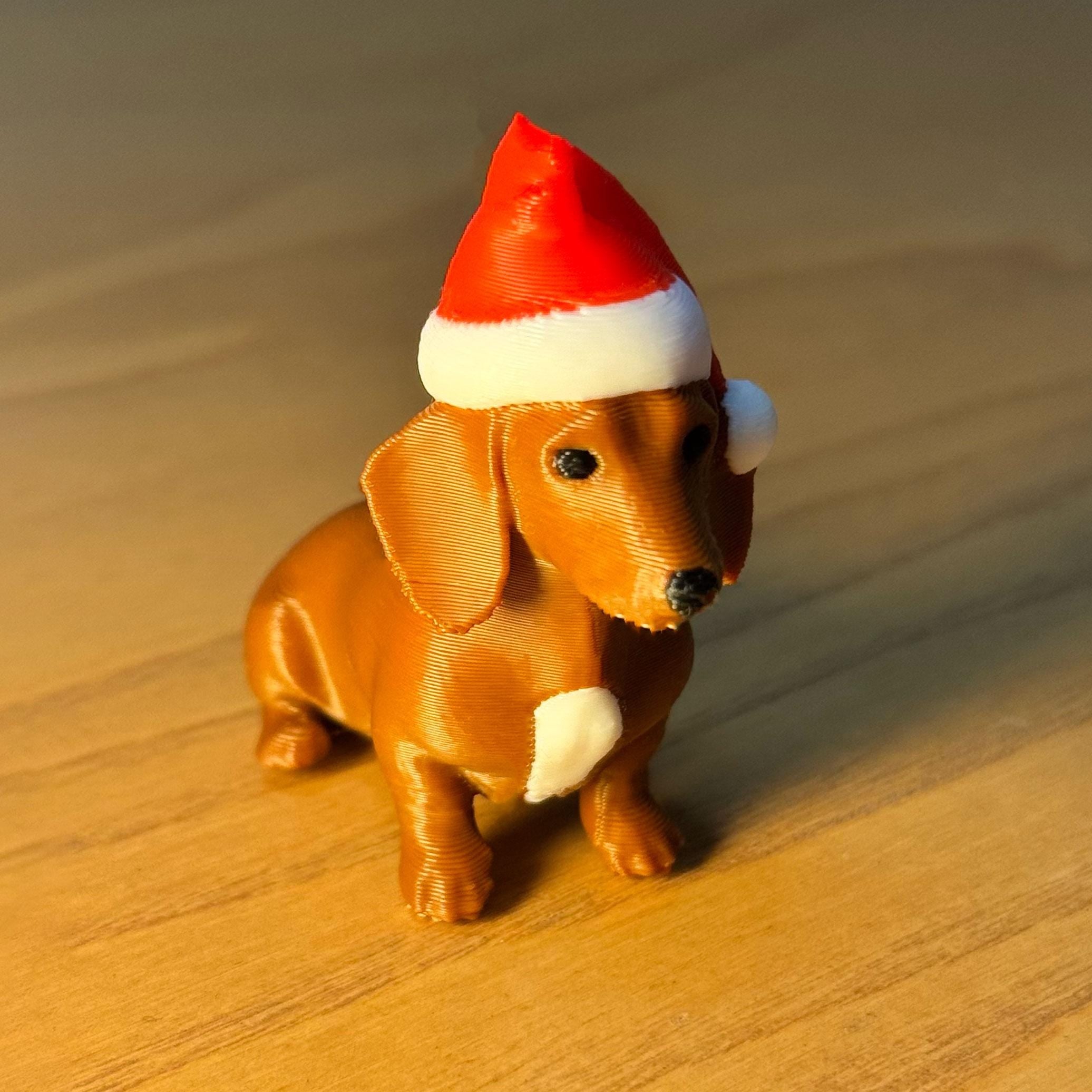 Christmas Dachshund Figurine with Santa Hat • 3D Printed Holiday Decor