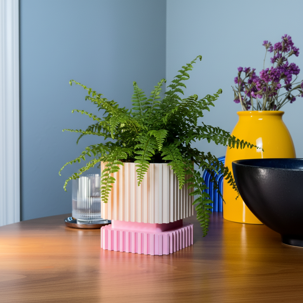 Modern Ribbed Planter with Matching Base